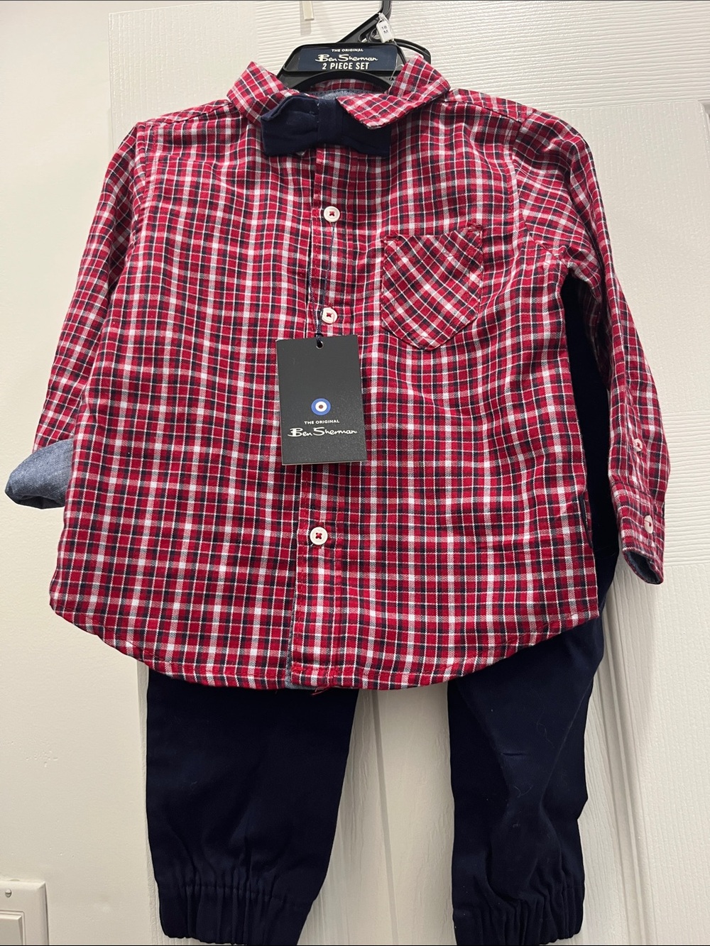 Ben Sherman Red Plaid Button-Down Shirt with Navy Bow and Pants set Size 18m NWT